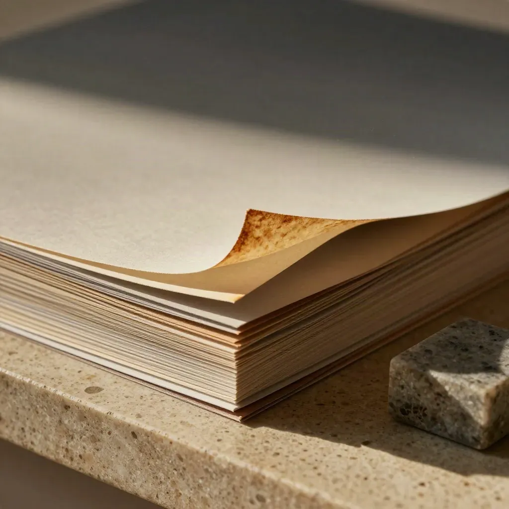 Macro of a brushed paper research folio with layered sheets, specimen card and stone paperweight.